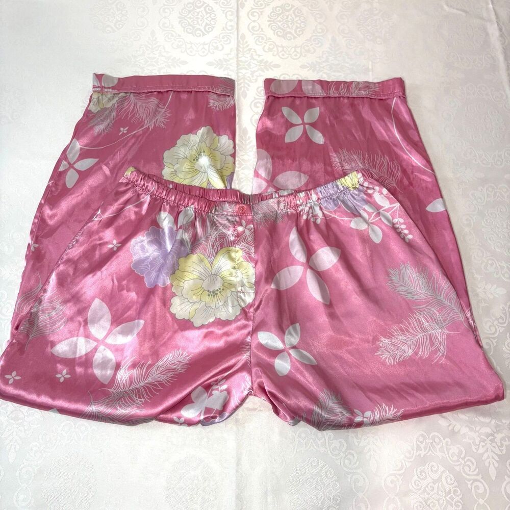 Sleep Pants Silky Satin Floral Pink Girly Coquette Flowy Capri Culotte Sz M/L